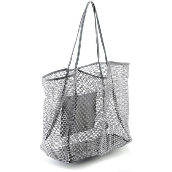 Women's Grey Mesh Beach Nylon & Polyester No-closure Tote Shoulder Handbag - Picture 2 of 6